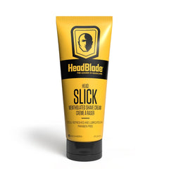 HeadBlade HeadSlick shave cream bottle shows smooth scalp glide.