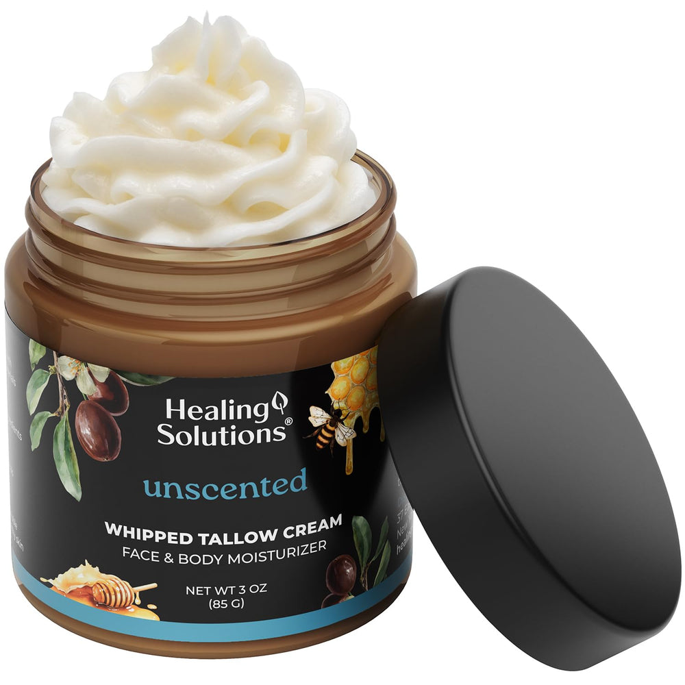 Healing Solutions whipped tallow balm jar close-up showing airy texture for moisture