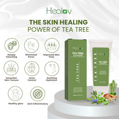 Healov Tea Tree Cleanser forming a foamy lather for gentle exfoliation.