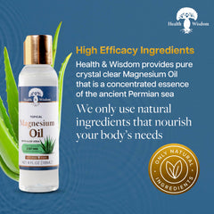 Health and Wisdom Pure Magnesium Oil being applied to calf for muscle comfort.