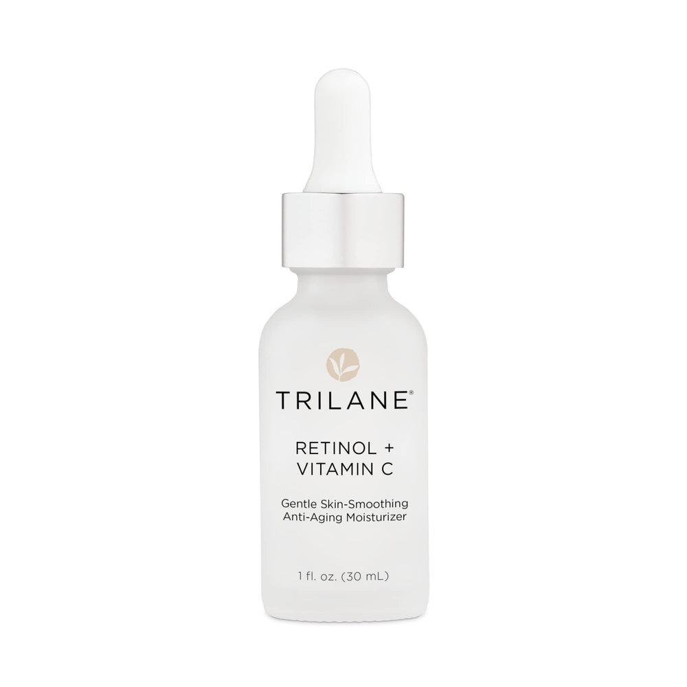Healthy Directions Trilane bottle close-up showing a hydrating retinol vitamin C formula