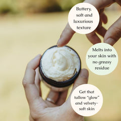 Hearth and Homestead balm texture scoop highlights meltable balm ideal for quick moisturization.