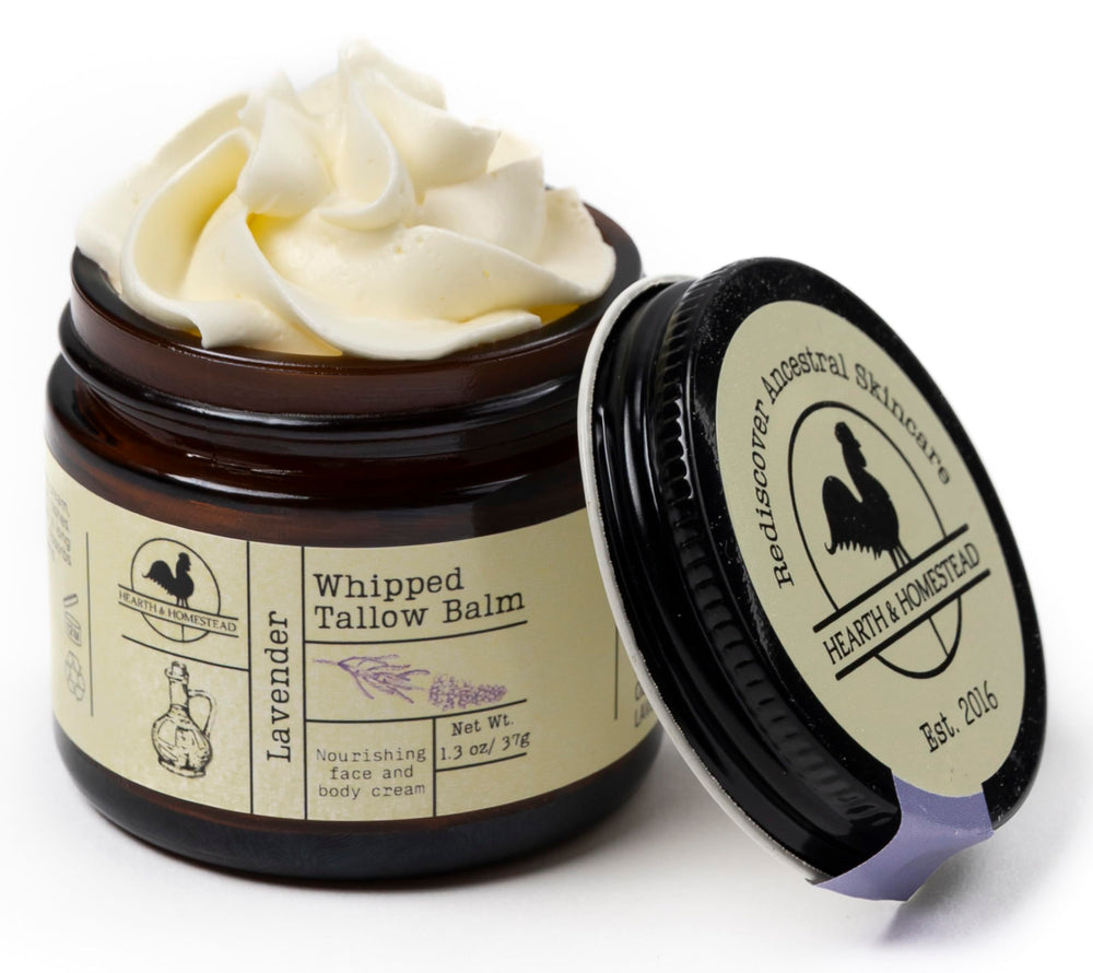 Hearth and Homestead lavender tallow balm jar for daily moisturization and soothing scent.