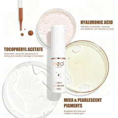 Hands blending HECI BEAUTY foundation stick onto the face for seamless application.