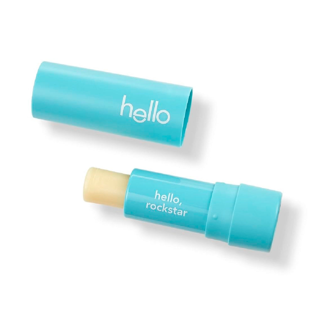 Hello lip balm mint tube close-up for portable hydration.