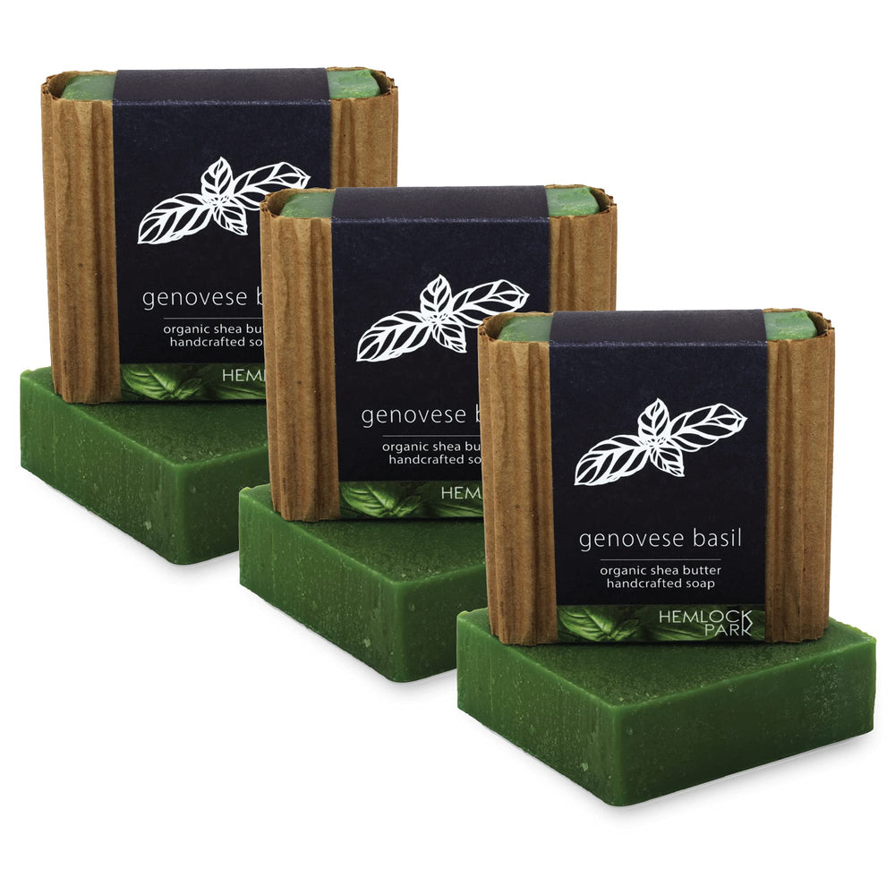Hemlock Park Genovese Basil moisturizing shea butter bar in a 3-bar set.