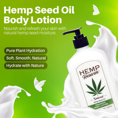 Close-up of Hemp Heaven Lotion ingredients highlighting hemp seed oil and moisturizers.