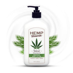 Hemp Heaven Hemp Lotion unscented bottle delivering hydration for sensitive skin.