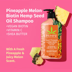 Hempz Biotin Shampoo label close-up shows natural hemp seed oil and plant-based moisturizing benefits.