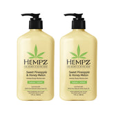 Hempz body lotion bottle with Sweet Pineapple and Honey Melon fragrance for daily moisture.