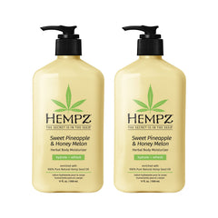 Hempz body lotion bottle with Sweet Pineapple and Honey Melon fragrance for daily moisture.