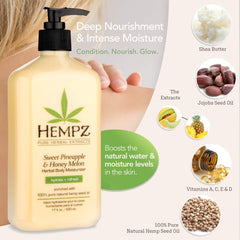 Hempz Sweet Pineapple Honey Melon label close-up highlights vegan formula