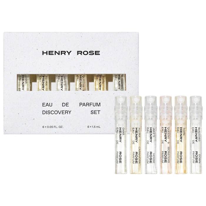 Henry Rose discovery set bottle, explore six genderless fragrances for versatile daily wear.