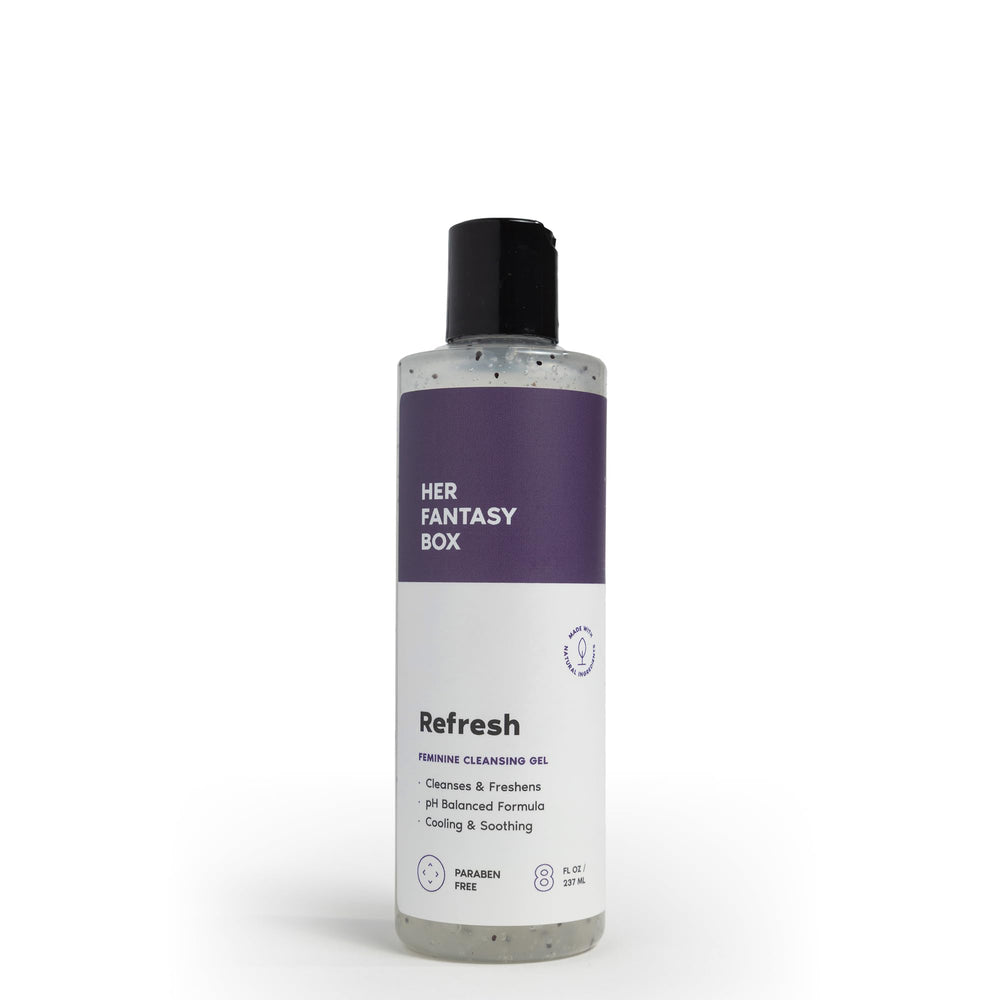 Her Fantasy Box Refresh bottle pouring for a gentle cleanse