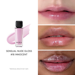 HERA Sensual Nude Lip Gloss Innocent swatches reveal MLBB color with depth.