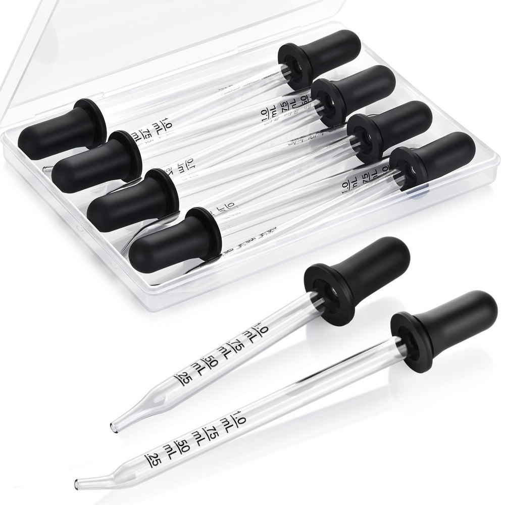 Herain 8-pack glass pipette with long bent tips for precise essential oil transfer.
