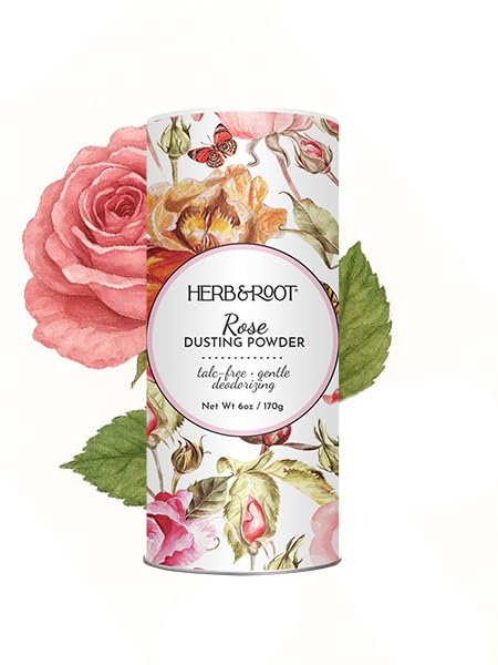 Herb and Root Rose talc-free body powder for gentle freshness after shower