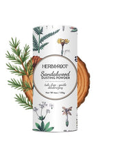 Herb & Root sandalwood dusting powder bottle for refreshing skin and odor control.
