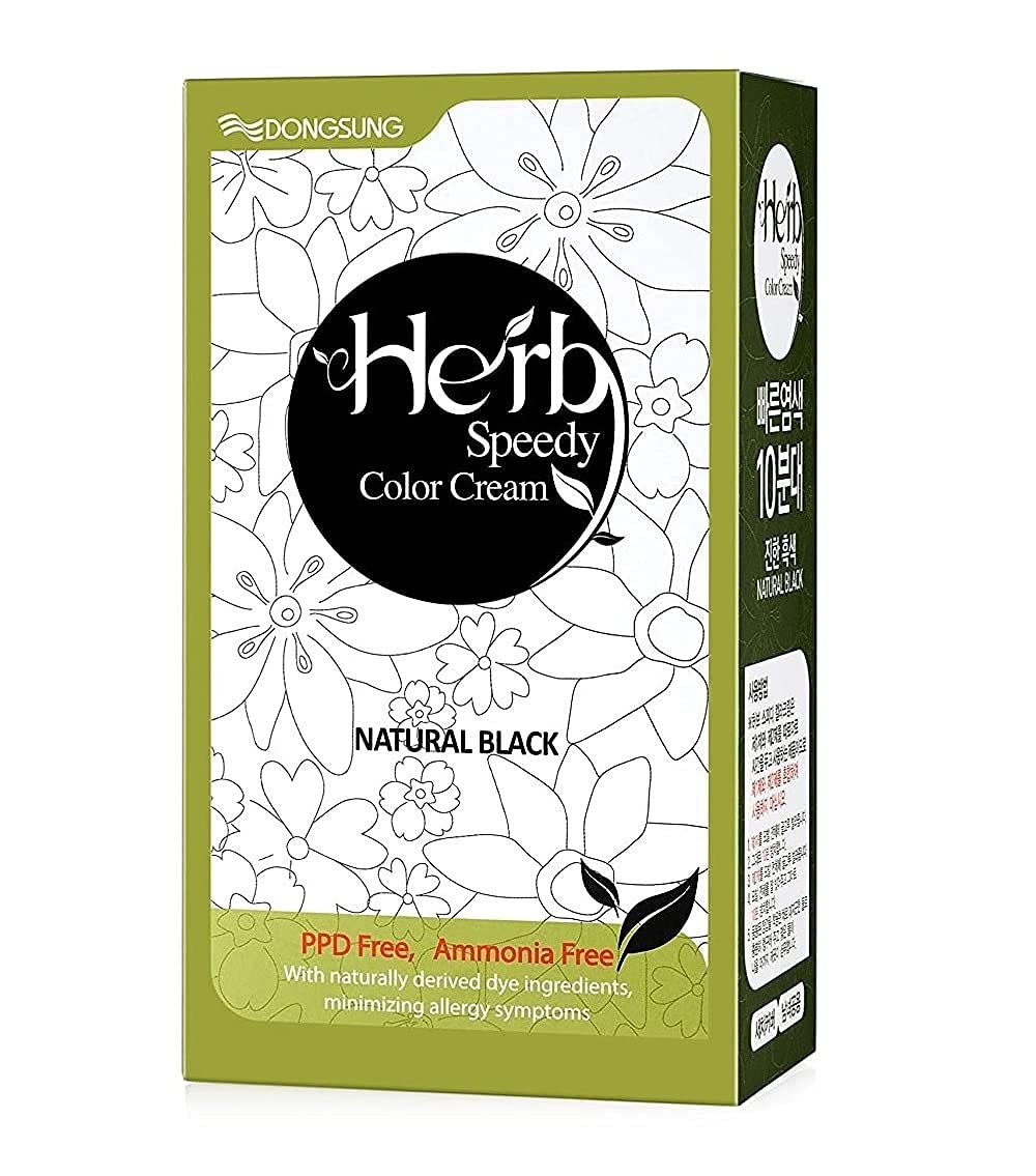 Herb Speedy Color Cream Natural Black bottle being poured for smooth application and gentle formula.