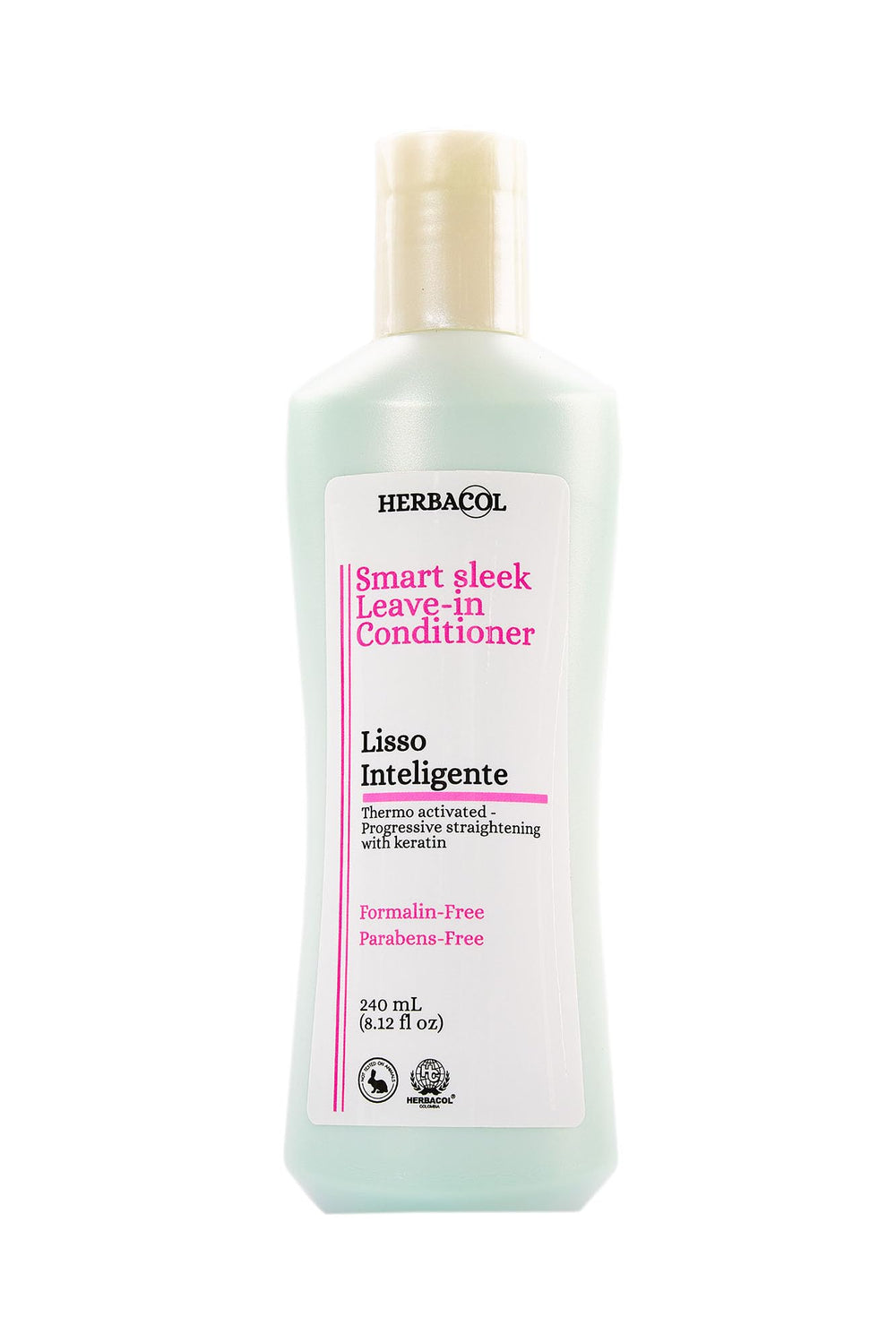 Herbacol Lisso Smart bottle front shows a hydrating leave-in keratin treatment for frizz control