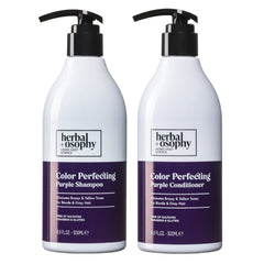 Herbalosophy purple shampoo bottle close-up shows color-brightening benefits for blonde and gray hair
