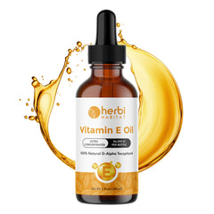 Herbi Habitat Vitamin E oil bottle demonstrating a potent skin and hair nourishment option.