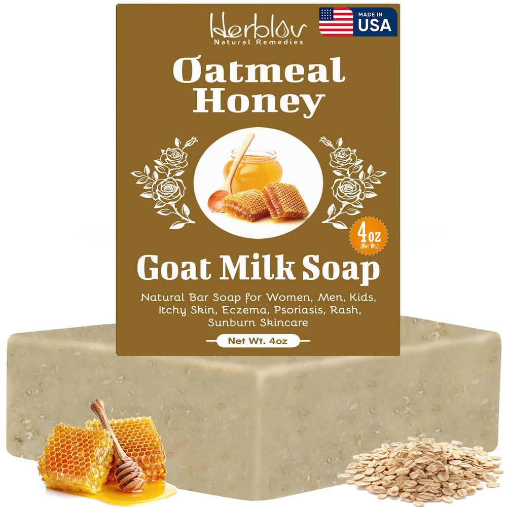 Herblov oatmeal honey goat milk soap bar raw ingredients closeup highlighting natural components
