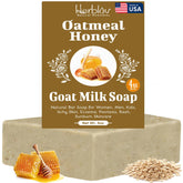 Herblov oatmeal honey goat milk soap bar raw ingredients closeup highlighting natural components