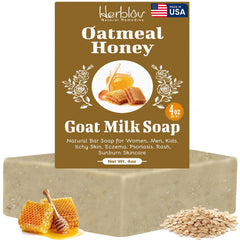 Herblov oatmeal honey goat milk soap bar raw ingredients closeup highlighting natural components