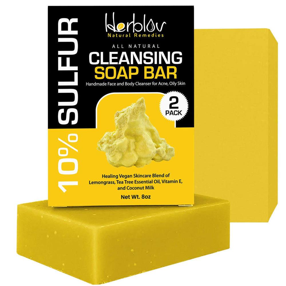 Herblov 10% sulfur soap bar front view with natural ingredients for acne-prone skin.