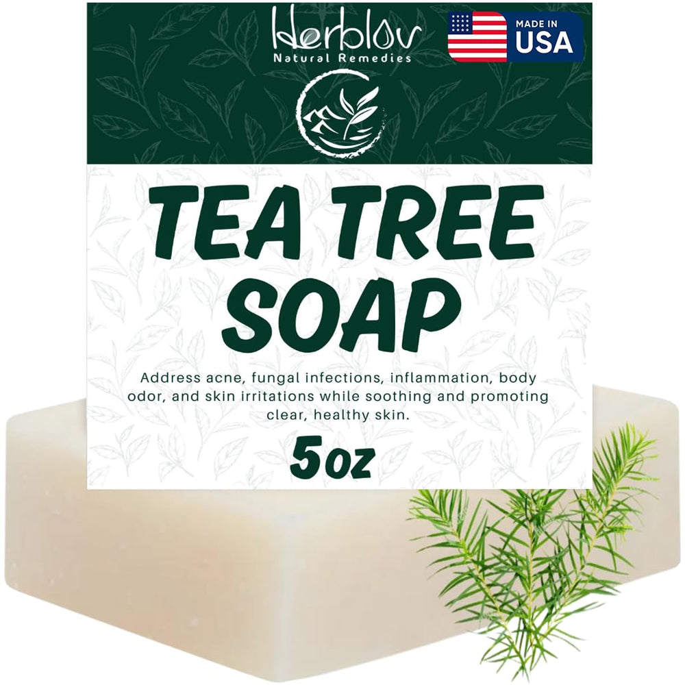 Herblov Tea Tree Soap bar closeup showing natural texture for clear, fresh skin.