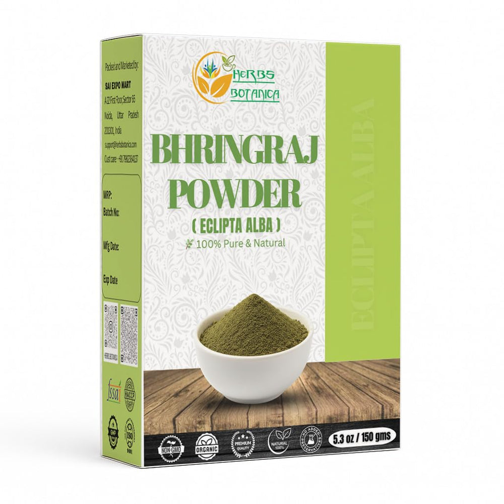 Herbs Botanica Bhringraj Powder packaging highlighting natural formula for hair nourishment.