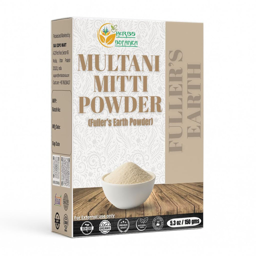 Herbs Botanica Multani Mitti powder close-up for gentle cleansing and oil absorption.
