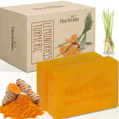 Herbvian turmeric soap bar for face and body with refreshing lemongrass aroma.