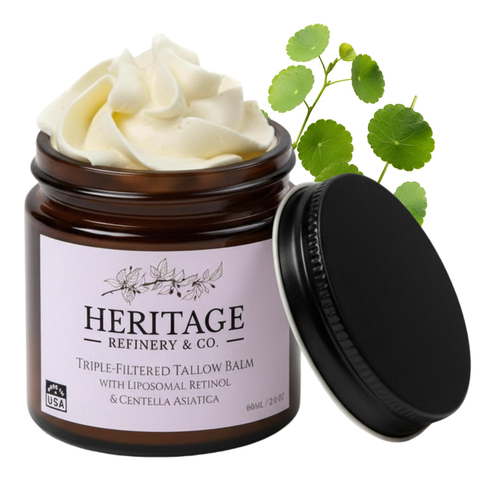 Heritage Refinery & Co. whipped beef tallow jar closeup for deep hydration.