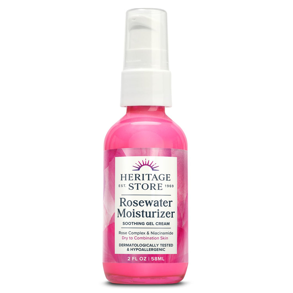 HERITAGE STORE Rosewater Moisturizer bottle closeup showing soothing gel for dry to combination skin.