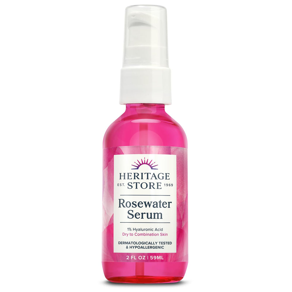 HERITAGE STORE Rosewater Serum bottle showing a hydrating, clean design for healthy-looking skin