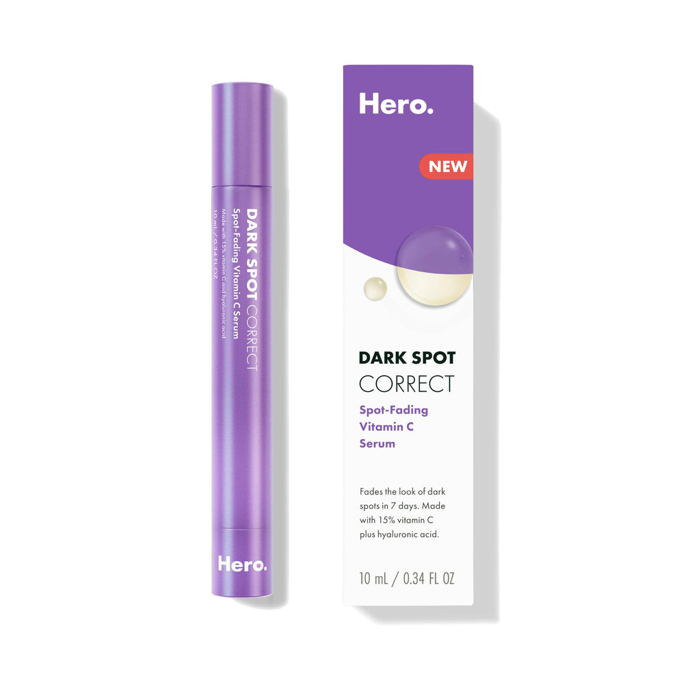 Hero Cosmetics Dark Spot Correct serum bottle highlights vitamin C and hydration benefits.