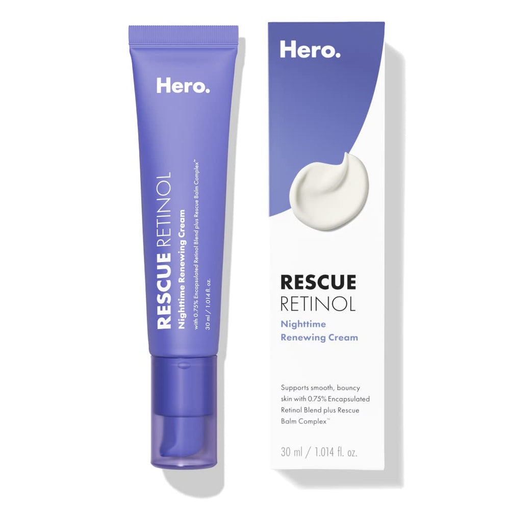 HERO COSMETICS Rescue Retinol nighttime cream bottle on countertop for smoother texture.