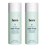 Hers Triple Threat Shampoo bottle close-up, color-safe cleansing for all hair types