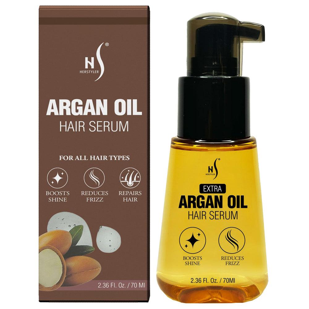 HerStyler Advanced Argan Oil Serum bottle for sleek, frizz-free shine.