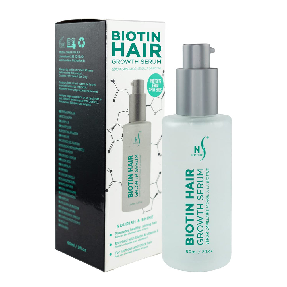 HerStyler Biotin Hair Serum bottle shows a lightweight formula for frizz control