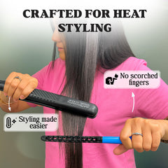 HerStyler comb with flat iron scene blue shows seamless coordination during styling.