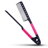 HerStyler hair straightening comb with pink handle for smooth, tangle-free prep.