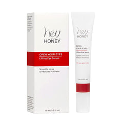 Hey Honey Open Your Eyes serum bottle shown for hydration and brightening the under eye area.
