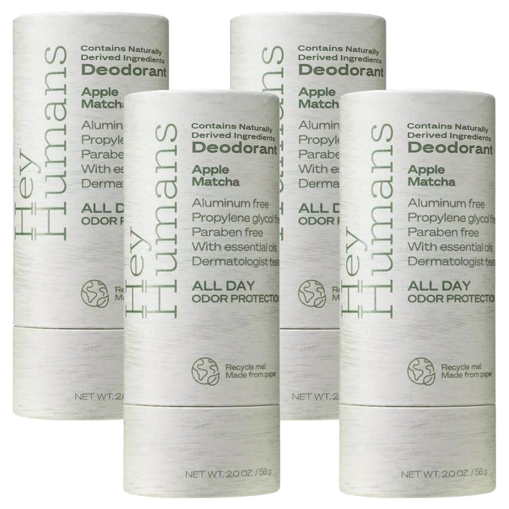 Hey Humans Apple Matcha deodorant bottle shows refreshing scent and aluminum-free design for all-day odor control.
