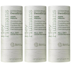 Hey Humans Apple Matcha deodorant bottle highlights aluminum-free protection.