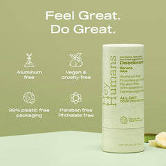 Hey Humans deodorant ingredients panel showing coconut oil, rosemary, arrowroot