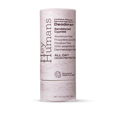 Hey Humans deodorant bottle with sandalwood aroma for all-day freshness.