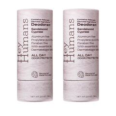 Hey Humans deodorant bottle with sandalwood and cypress scent for all-day freshness.